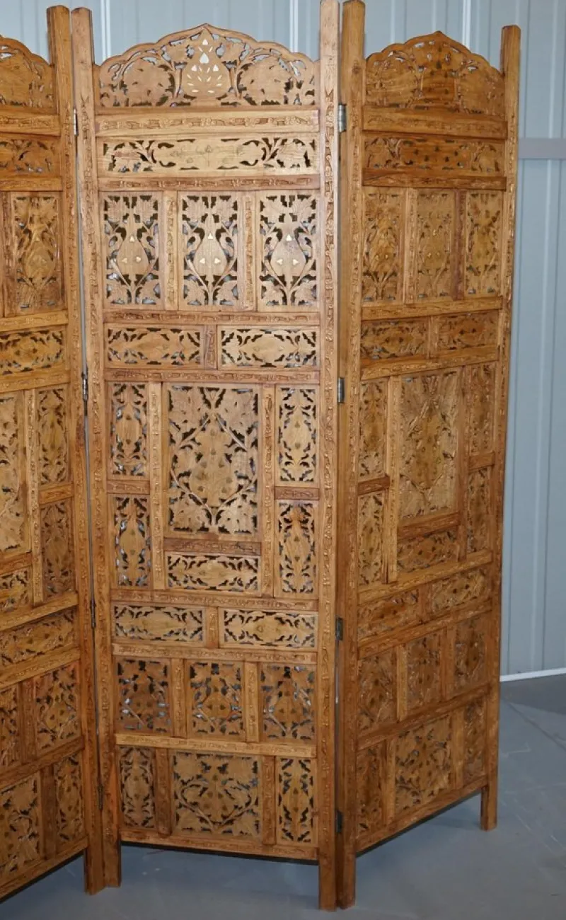 Pamono Hand Carved Solid Teak Folding Screen with Brass Inlaid Detail> Room Dividers & Screens
