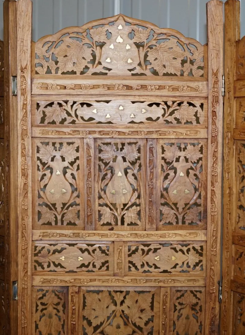 Pamono Hand Carved Solid Teak Folding Screen with Brass Inlaid Detail> Room Dividers & Screens
