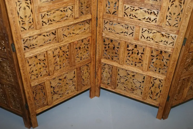 Pamono Hand Carved Solid Teak Folding Screen with Brass Inlaid Detail> Room Dividers & Screens