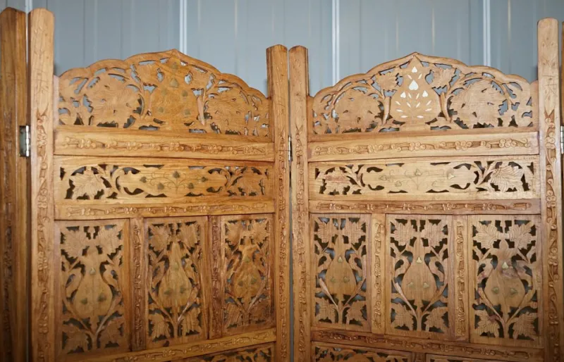 Pamono Hand Carved Solid Teak Folding Screen with Brass Inlaid Detail> Room Dividers & Screens
