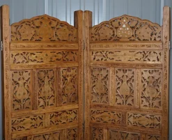 Pamono Hand Carved Solid Teak Folding Screen with Brass Inlaid Detail><noscript><img width=