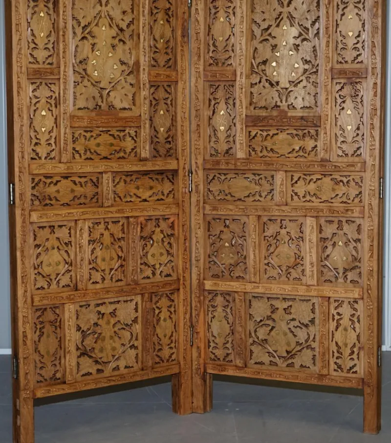 Pamono Hand Carved Solid Teak Folding Screen with Brass Inlaid Detail> Room Dividers & Screens