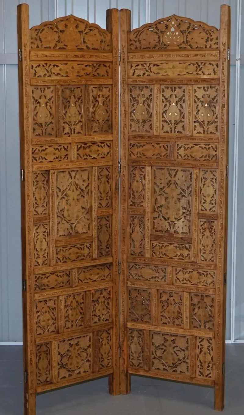 Pamono Hand Carved Solid Teak Folding Screen with Brass Inlaid Detail> Room Dividers & Screens