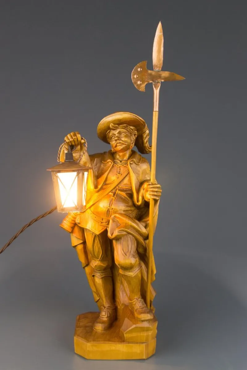 Pamono Hand Carved Wooden Sculpture Lamp Depicting Night Watchman with Lantern, Germany> Table Lamps