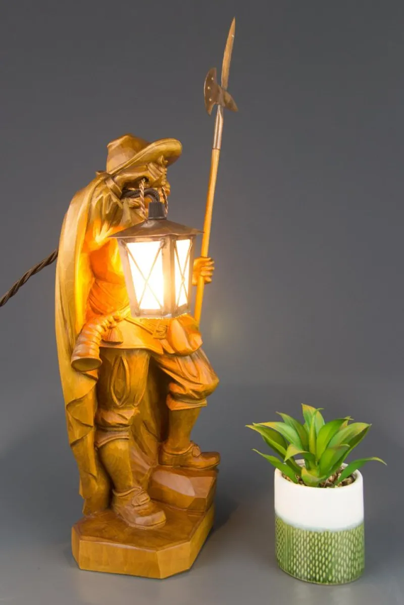Pamono Hand Carved Wooden Sculpture Lamp Depicting Night Watchman with Lantern, Germany> Table Lamps