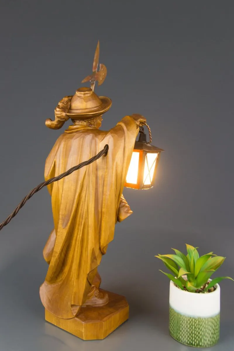 Pamono Hand Carved Wooden Sculpture Lamp Depicting Night Watchman with Lantern, Germany> Table Lamps