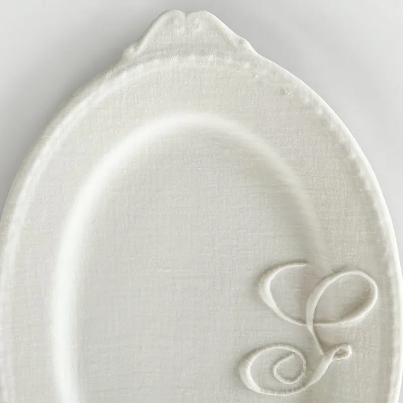 Pamono Hand Made White Porcelain Platter with Embroidered Letter Geneviève by Studio Desimonewayland> Decorative Plates