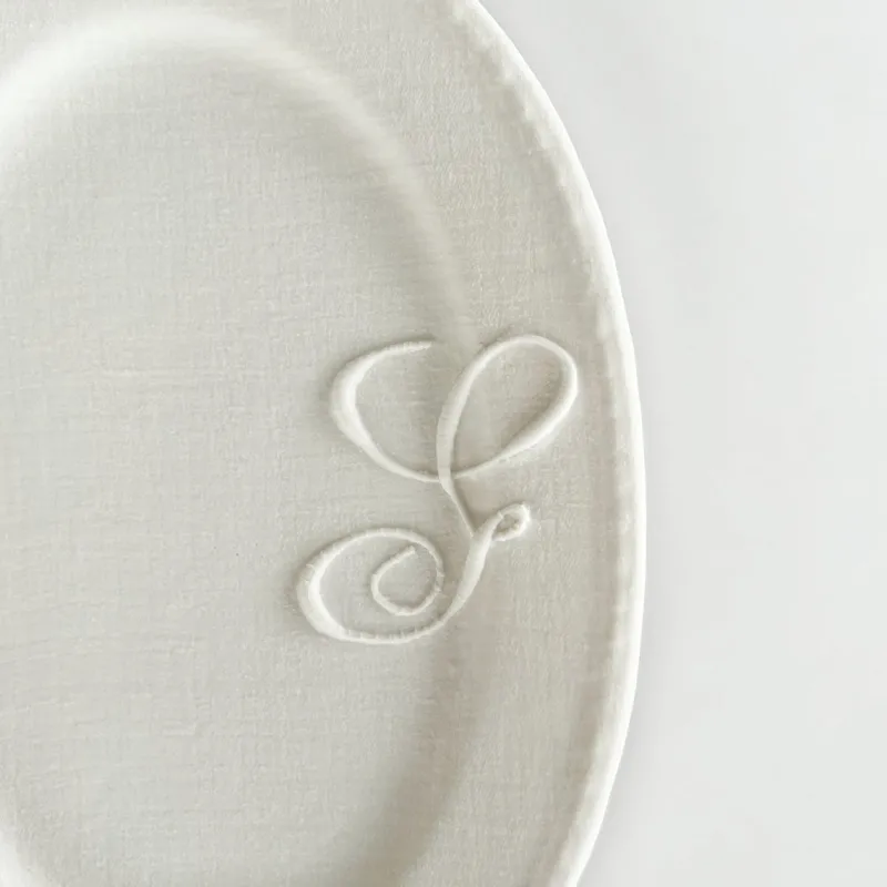 Pamono Hand Made White Porcelain Platter with Embroidered Letter Geneviève by Studio Desimonewayland> Decorative Plates