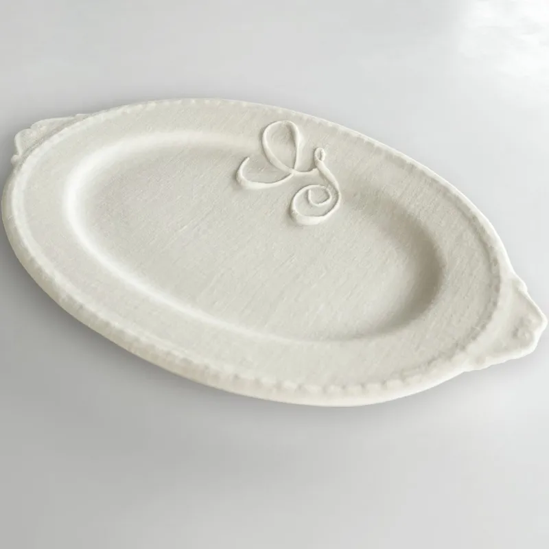 Pamono Hand Made White Porcelain Platter with Embroidered Letter Geneviève by Studio Desimonewayland> Decorative Plates