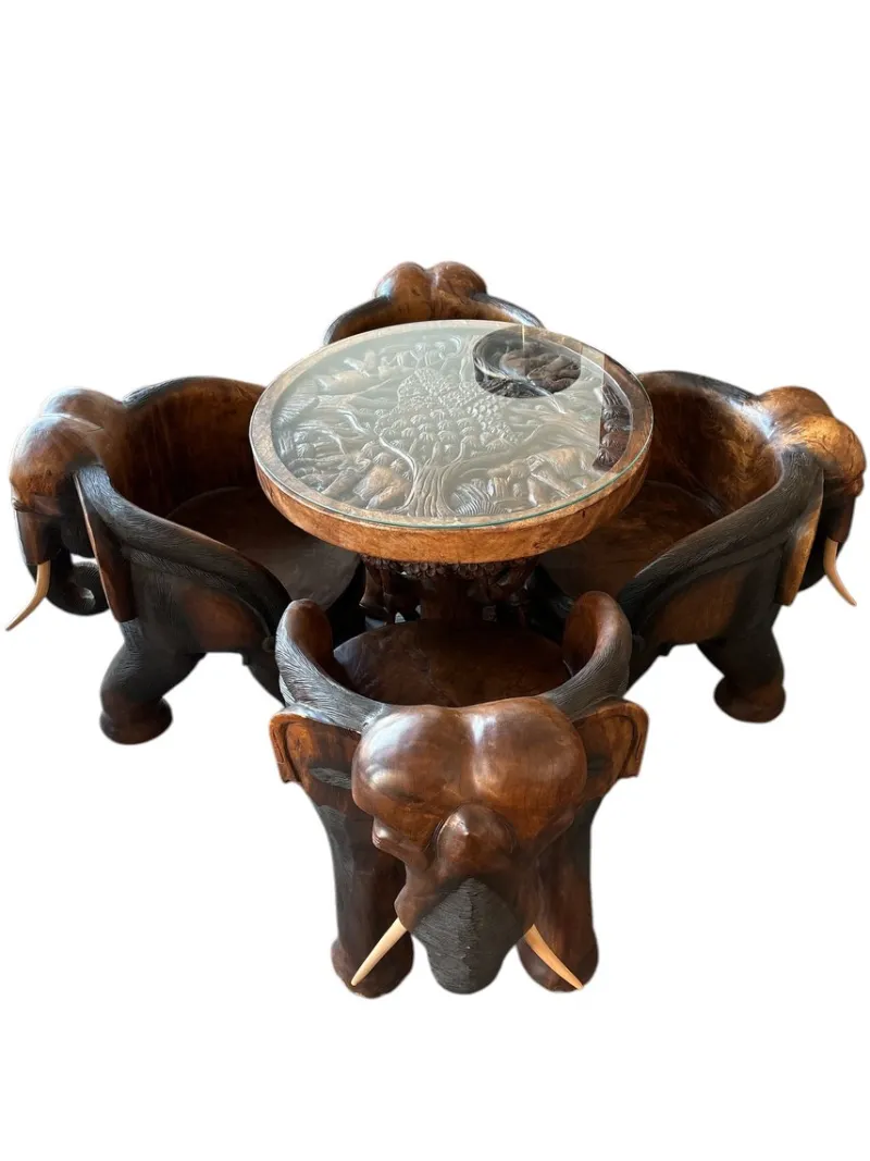 Pamono Hand-Carved Wooden Elephant Table Set, Set of 5> Game Tables