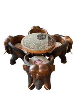 Pamono Hand-Carved Wooden Elephant Table Set, Set of 5> Game Tables