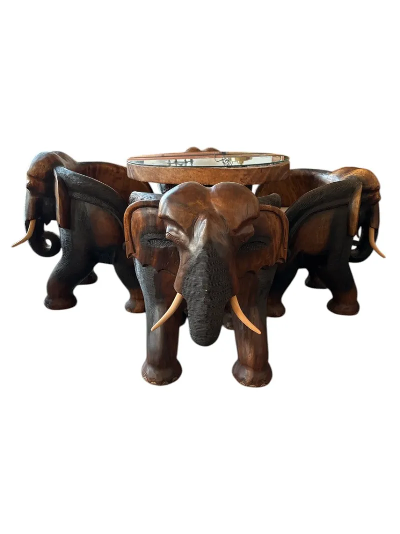 Pamono Hand-Carved Wooden Elephant Table Set, Set of 5> Game Tables