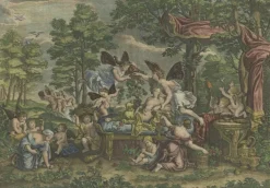 Pamono Hand-Colored Antique Engraving of Flora Lying on a Bed Surrounded by Angels> Posters