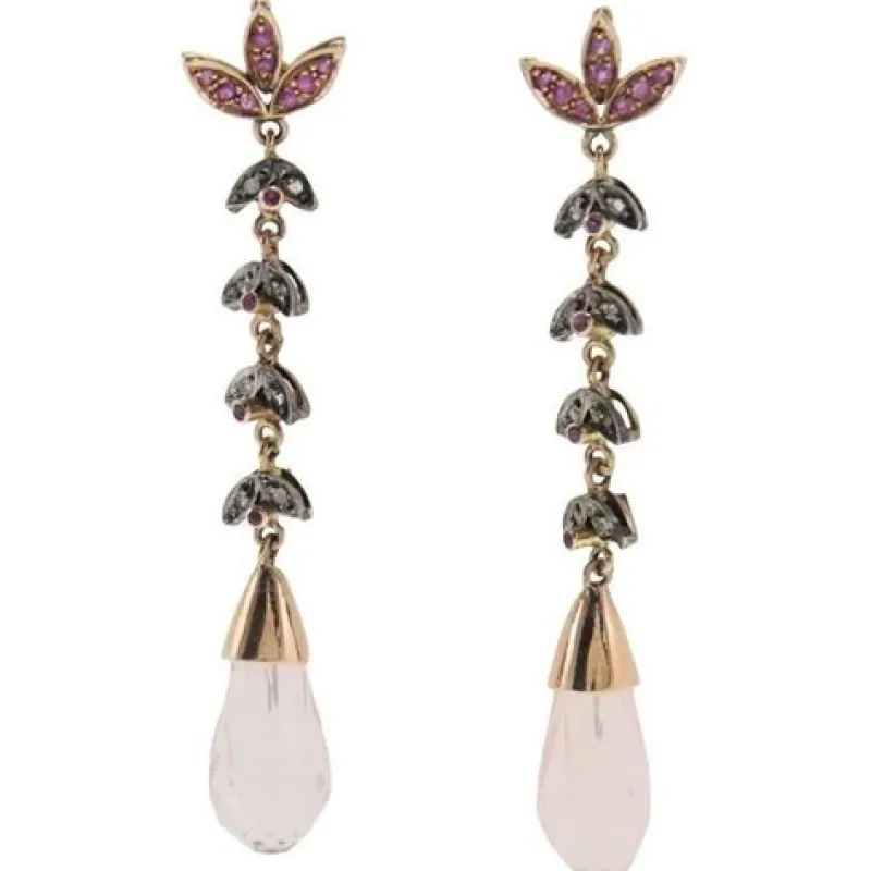 Pamono Handcrafted Gold and Silver Dangle Earrings with Quartz, Rubies and Diamonds, Set of 2> Earrings