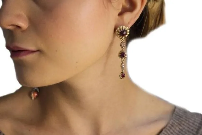 Pamono Handcrafted Gold Dangle Earrings with Garnets and Diamonds, Set of 2> Earrings