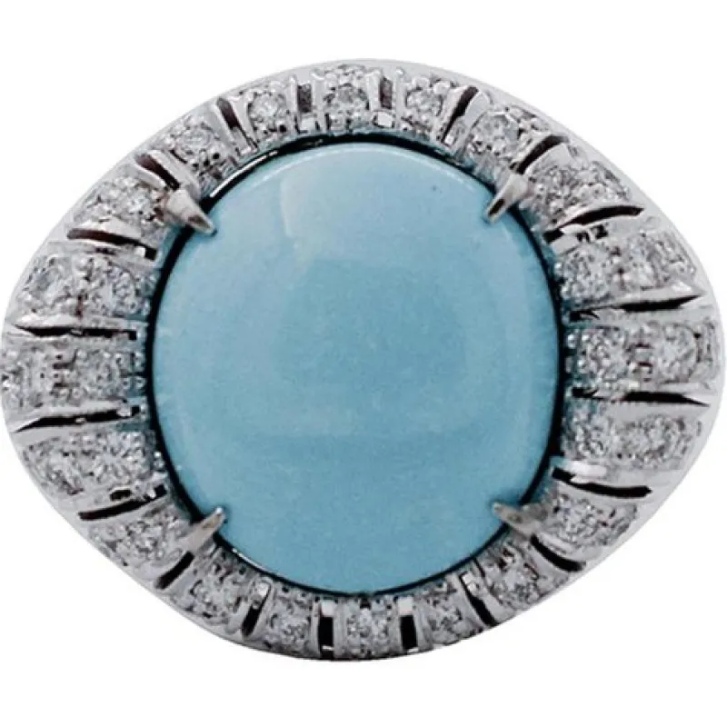 Hot Pamono Handcrafted White Gold Ring with Turquoise and Diamonds