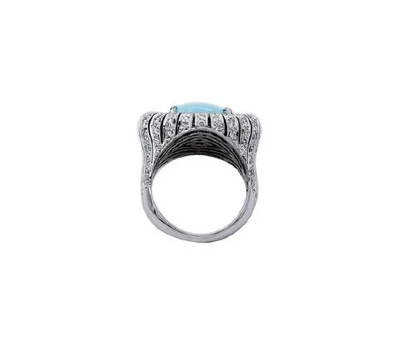 Hot Pamono Handcrafted White Gold Ring with Turquoise and Diamonds