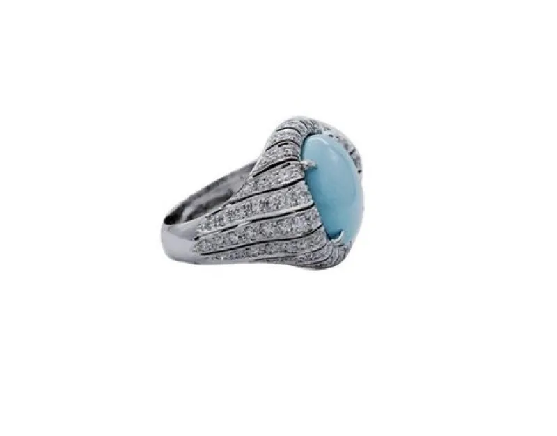 Hot Pamono Handcrafted White Gold Ring with Turquoise and Diamonds