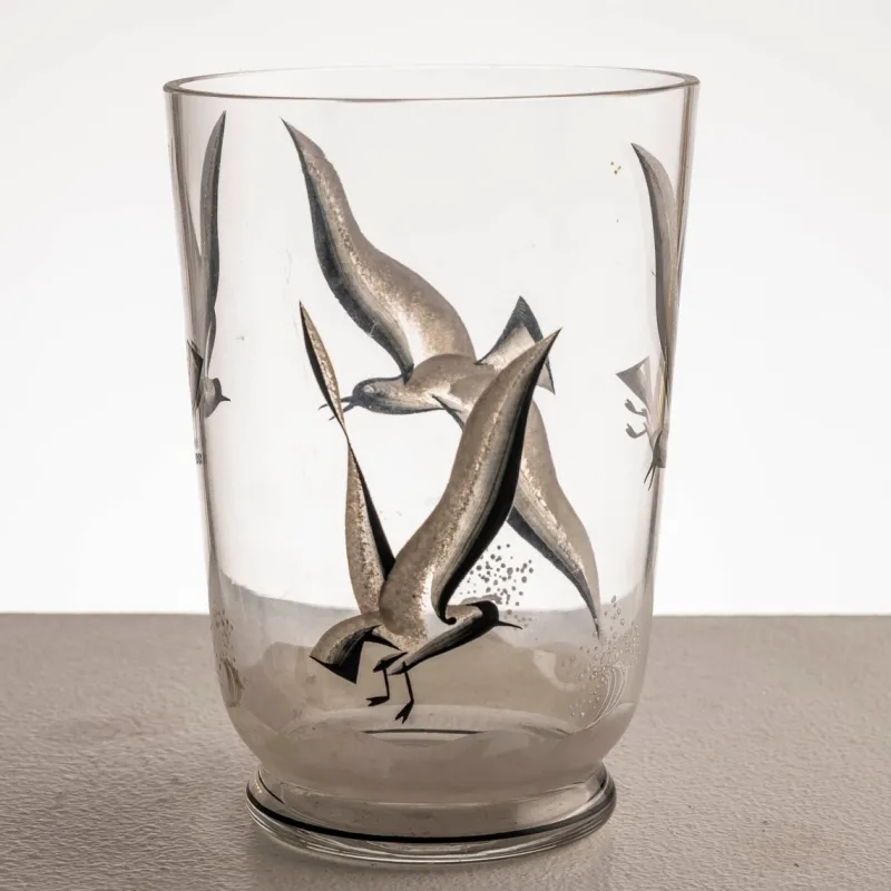 Pamono Hand-Glazed Glass Vase with Seagulls in Flight, Europe, Ca. 19401960> Glassware