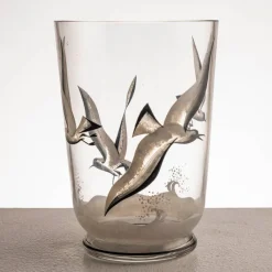 Pamono Hand-Glazed Glass Vase with Seagulls in Flight, Europe, Ca. 19401960> Glassware