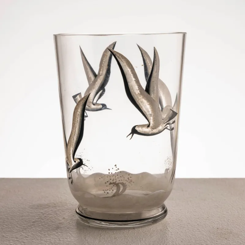 Pamono Hand-Glazed Glass Vase with Seagulls in Flight, Europe, Ca. 19401960> Glassware