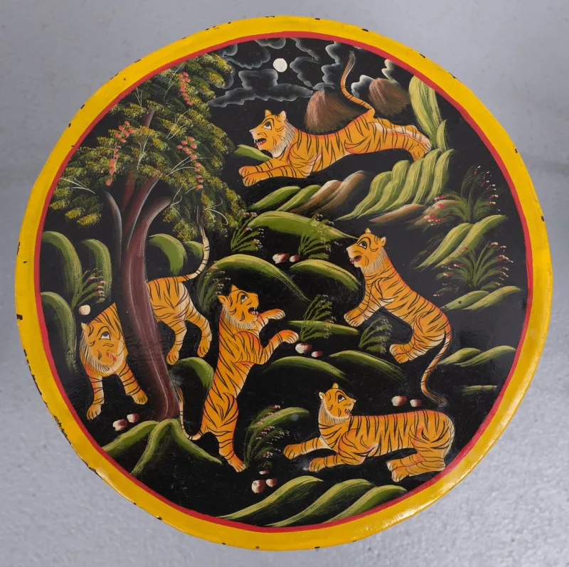 Pamono Hand-Painted Childrens Table and Chairs, India, 1993, Set of 3> Garden Tables