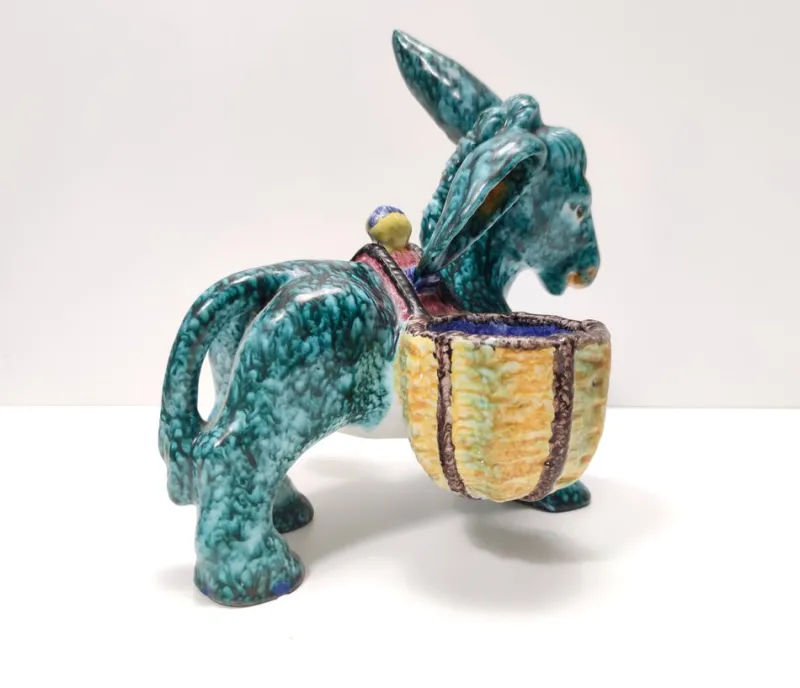 Pamono Hand-Painted Earthenware Figural Donkey Table Salt Cellar and Pepper Mill, Italy, 1983> Salt & Pepper Shakers