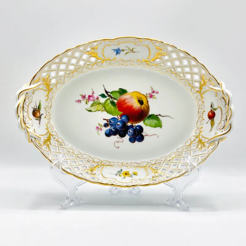 Pamono Hand-Painted Lattice Border Two-Handled Porcelain Tray from Meissen Porcelain, 1950s> Trays
