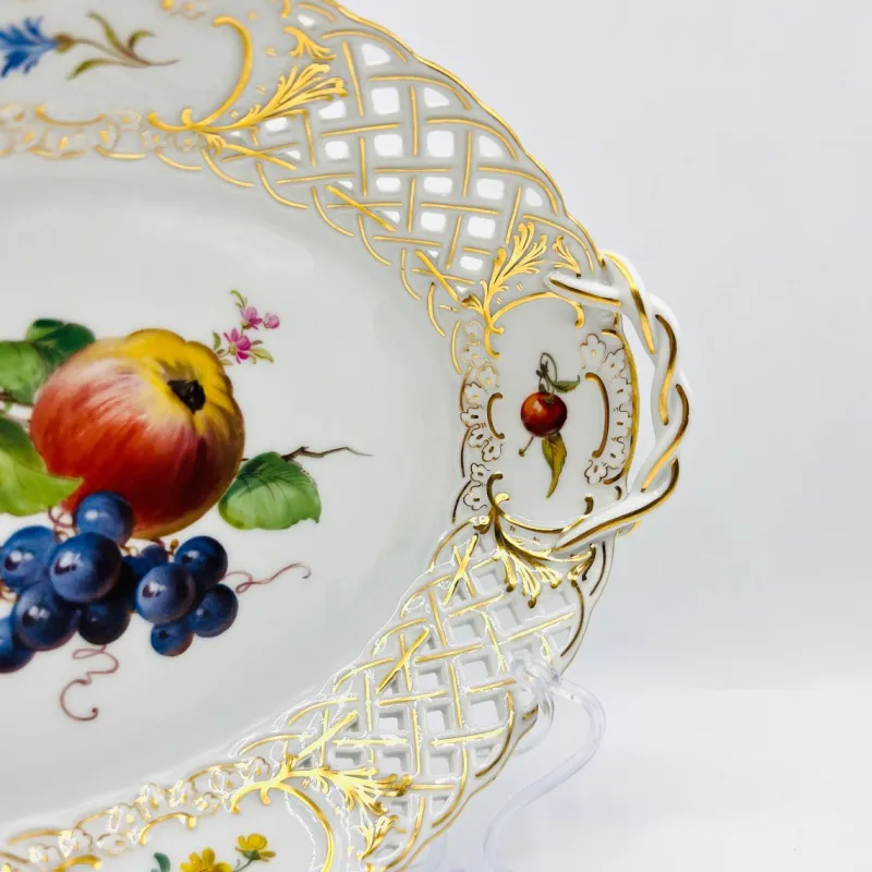 Pamono Hand-Painted Lattice Border Two-Handled Porcelain Tray from Meissen Porcelain, 1950s> Trays