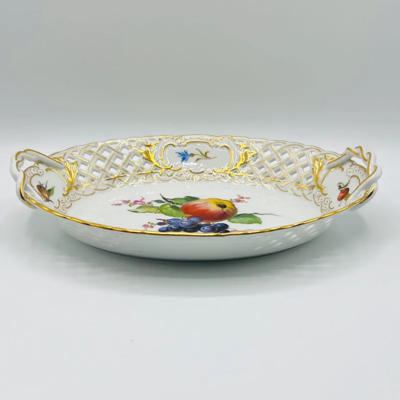 Pamono Hand-Painted Lattice Border Two-Handled Porcelain Tray from Meissen Porcelain, 1950s> Trays