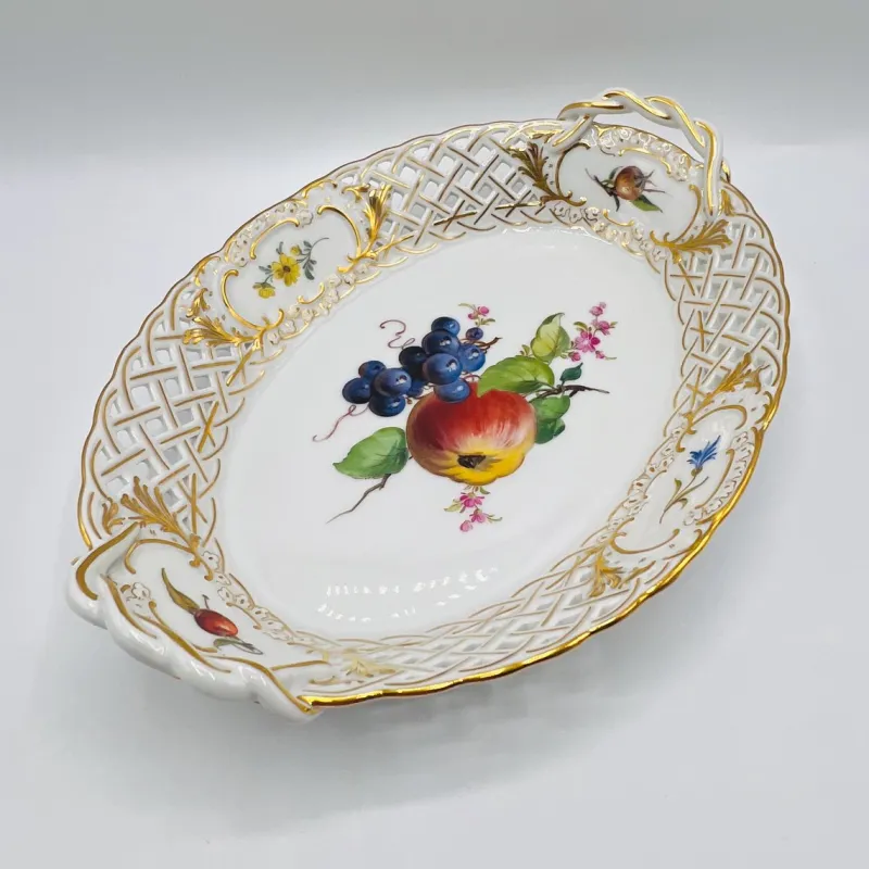 Pamono Hand-Painted Lattice Border Two-Handled Porcelain Tray from Meissen Porcelain, 1950s> Trays