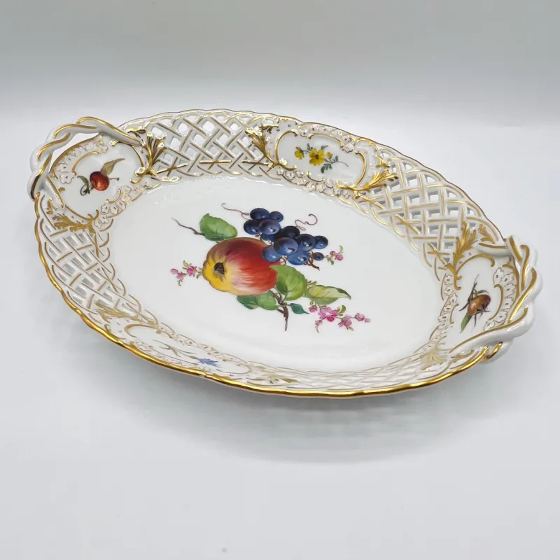 Pamono Hand-Painted Lattice Border Two-Handled Porcelain Tray from Meissen Porcelain, 1950s> Trays