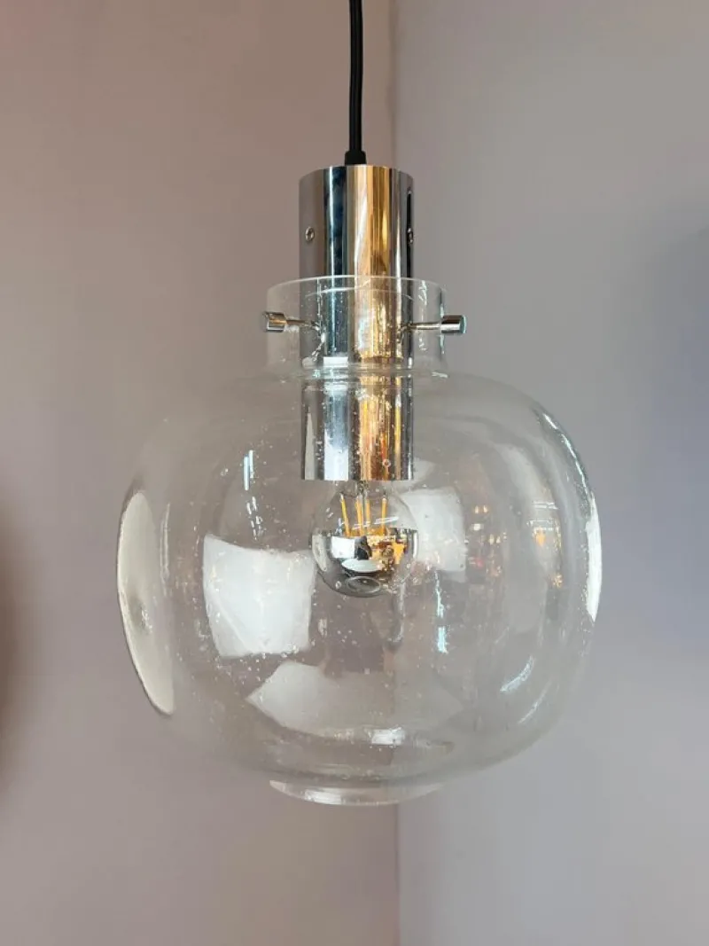 Pamono Hanging Lamp in Glass and Chrome from Glashütte Limburg> Ceiling Lights