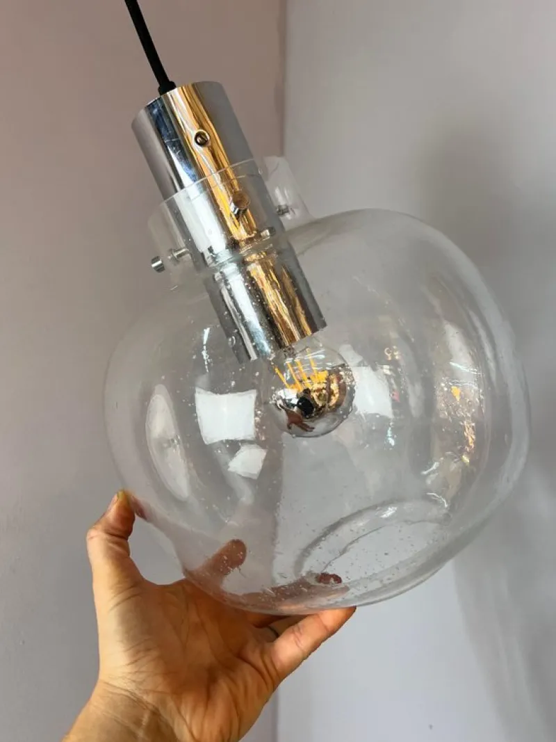 Pamono Hanging Lamp in Glass and Chrome from Glashütte Limburg> Ceiling Lights