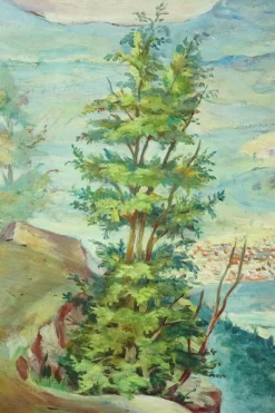 Outlet Pamono Hans Lang, Post-Impressionist City and Mountains, 1957, Oil Painting on Masonite