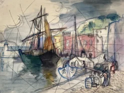 Pamono Heinrich Heuser, Unfinished Study of a Harbor View, Port of Ischia, 1950, Watercolor> Impressionist