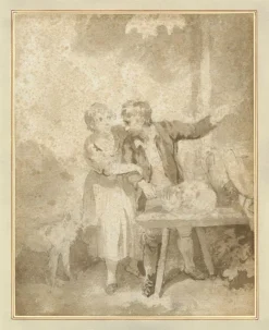 Pamono Henry Howard RA, Boy & Girl with Pet Cat & Dog, Early 19th Century, Brown Wash Drawing> Old Masters