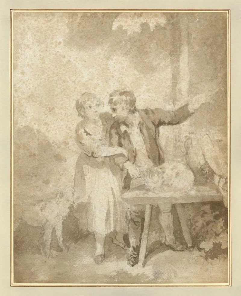 Pamono Henry Howard RA, Boy & Girl with Pet Cat & Dog, Early 19th Century, Brown Wash Drawing> Old Masters