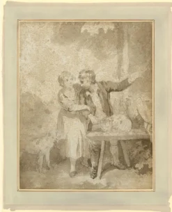 Pamono Henry Howard RA, Boy & Girl with Pet Cat & Dog, Early 19th Century, Brown Wash Drawing> Old Masters