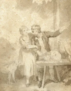 Pamono Henry Howard RA, Boy & Girl with Pet Cat & Dog, Early 19th Century, Brown Wash Drawing><noscript><img width=