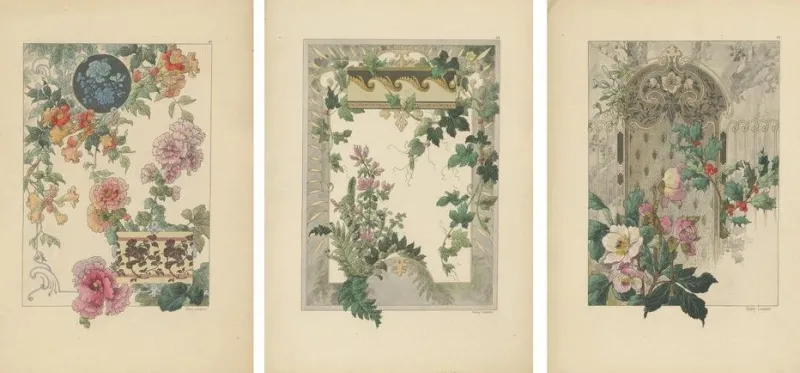 Pamono Henry Lambert, Floral Harmony, 1896, Paper, Set of 3> Art Nouveau