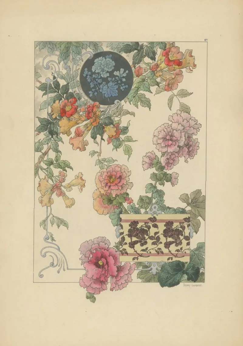 Pamono Henry Lambert, Floral Harmony, 1896, Paper, Set of 3> Art Nouveau