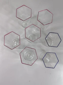 Hot Pamono Hexagonal Glasses in Blown Murano Glass Cobalt and Red Rim by Carlo Scarpa, 1950s, Set of 7