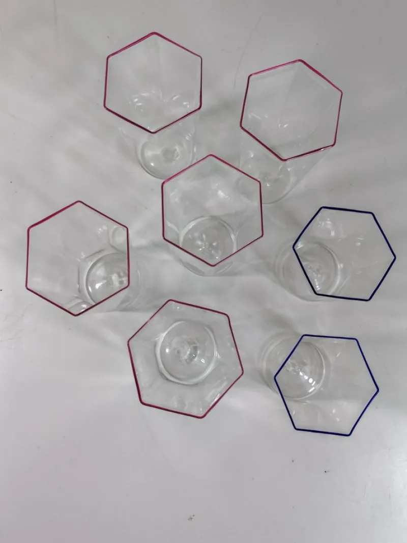 Hot Pamono Hexagonal Glasses in Blown Murano Glass Cobalt and Red Rim by Carlo Scarpa, 1950s, Set of 7