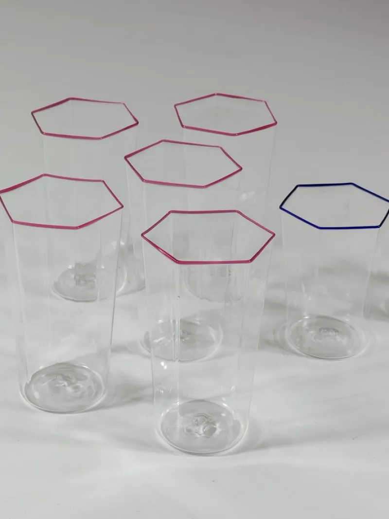 Hot Pamono Hexagonal Glasses in Blown Murano Glass Cobalt and Red Rim by Carlo Scarpa, 1950s, Set of 7