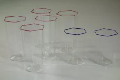 Hot Pamono Hexagonal Glasses in Blown Murano Glass Cobalt and Red Rim by Carlo Scarpa, 1950s, Set of 7