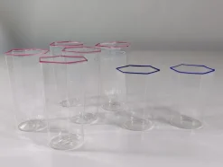 Hot Pamono Hexagonal Glasses in Blown Murano Glass Cobalt and Red Rim by Carlo Scarpa, 1950s, Set of 7