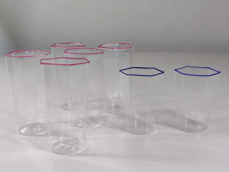 Hot Pamono Hexagonal Glasses in Blown Murano Glass Cobalt and Red Rim by Carlo Scarpa, 1950s, Set of 7