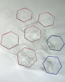 Hot Pamono Hexagonal Glasses in Blown Murano Glass Cobalt and Red Rim by Carlo Scarpa, 1950s, Set of 7