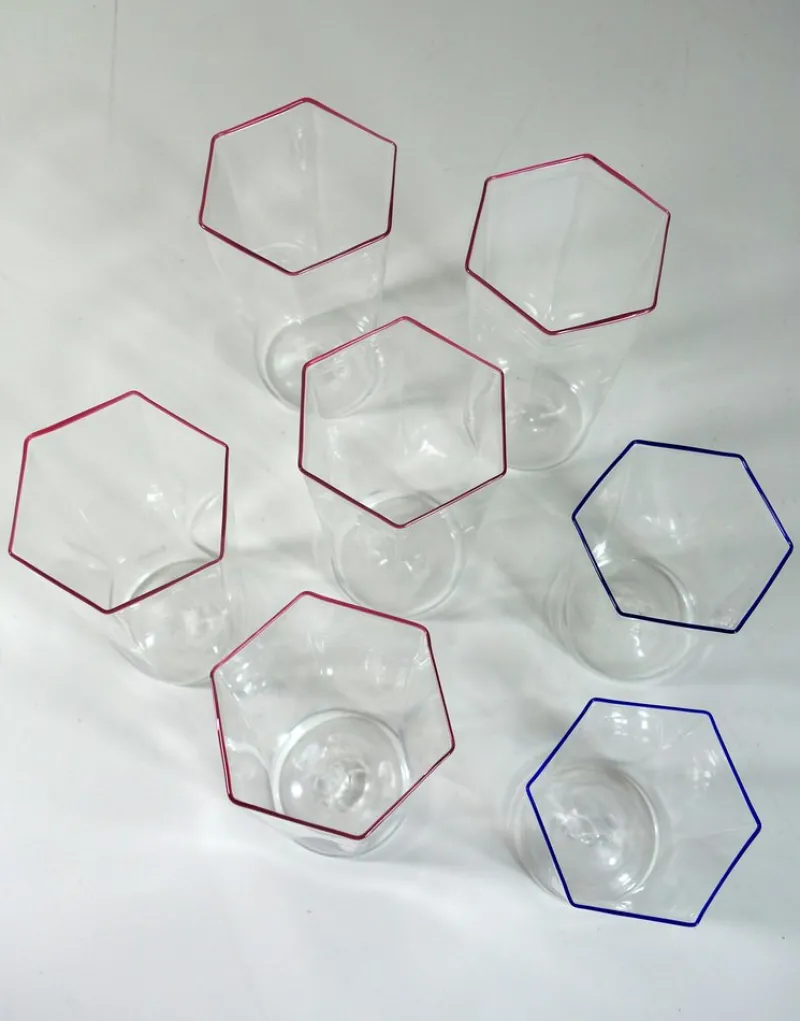 Hot Pamono Hexagonal Glasses in Blown Murano Glass Cobalt and Red Rim by Carlo Scarpa, 1950s, Set of 7